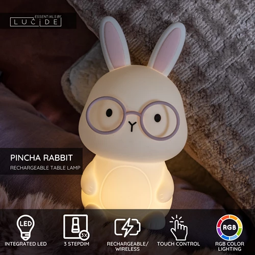 Lucide PINCHA RABBIT - Rechargeable Table lamp Children - Battery pack- LED 3 StepDim - Rgb - White | Essential - USP